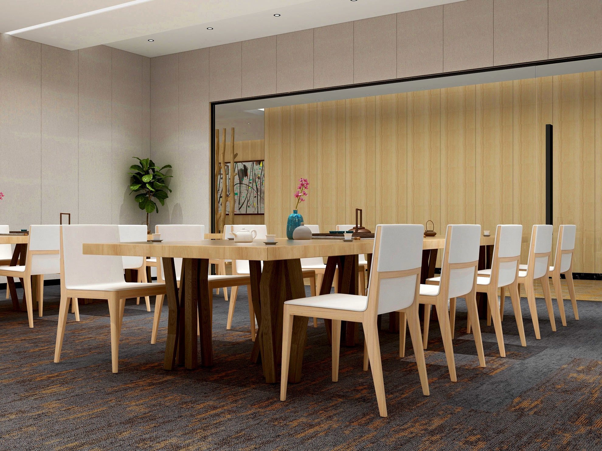 Gri üzerine turuncu desenli karo halı Newton 104 özellikle doğal ahşap ve bej tonlarıyla uyumludur.